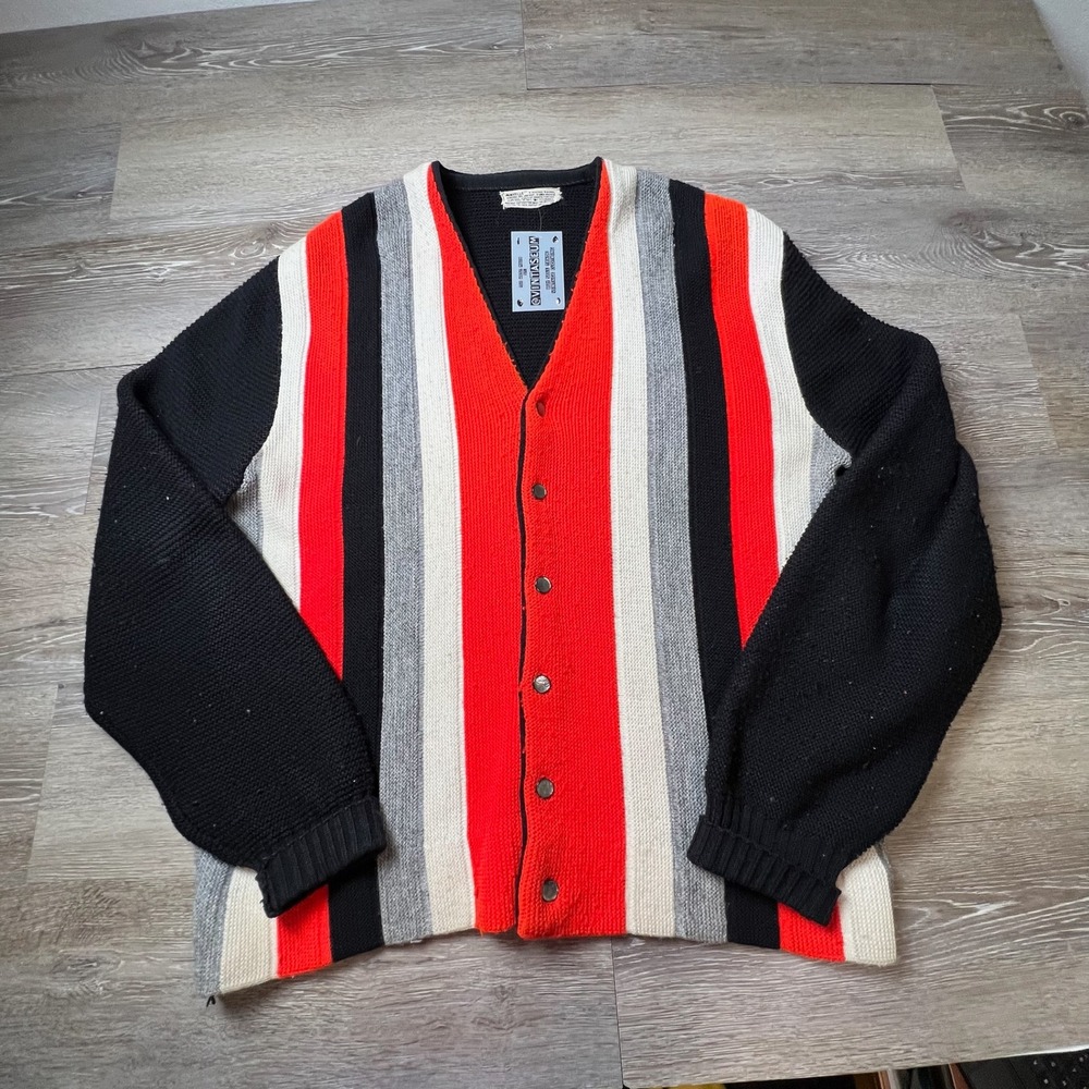 1960s Cardigan Sweater Men Large Black orange Striped Vintage VNeck Button Front
